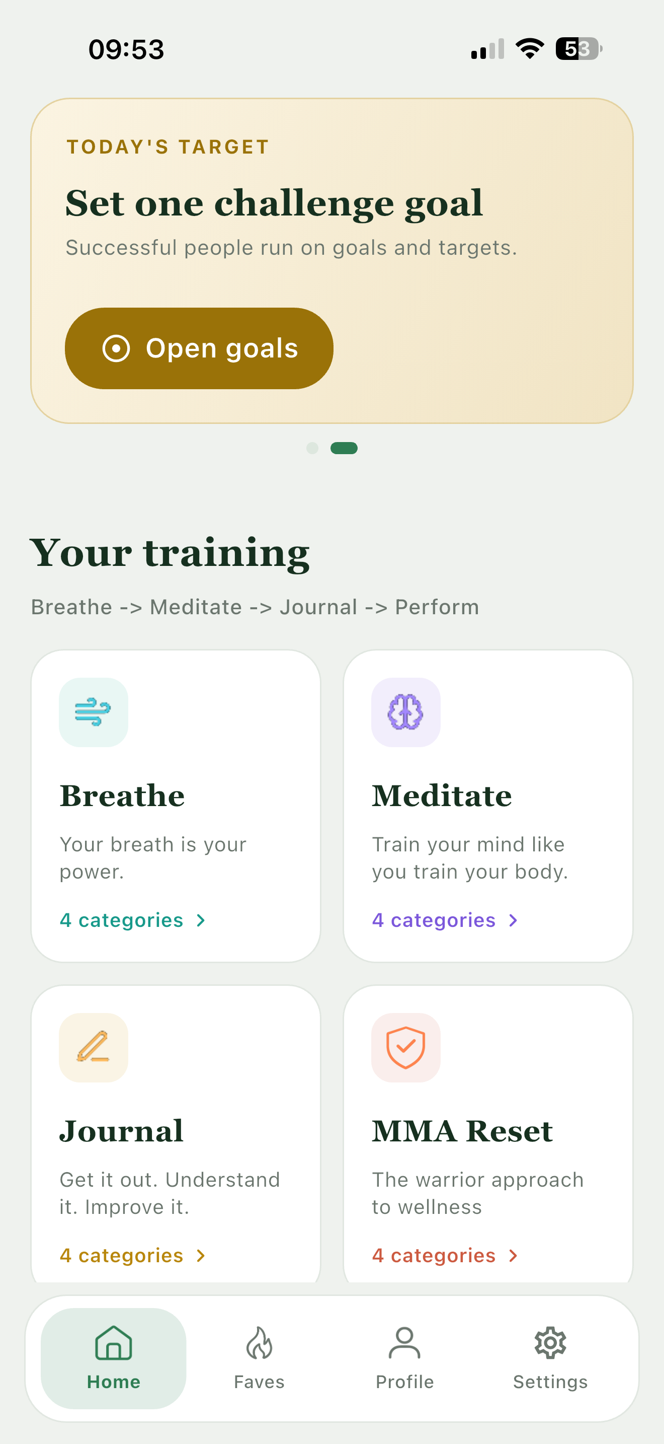 Simply Serene home screen showing the four training modes